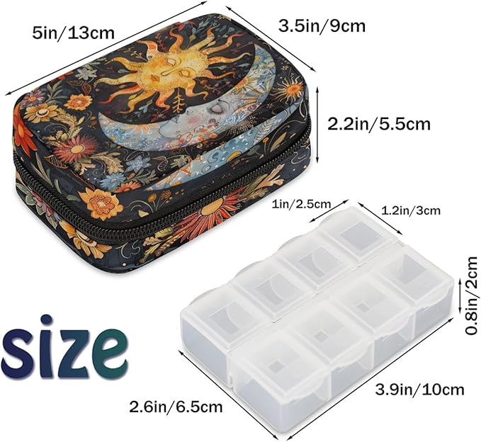 Abstract Sun Moon Flower Travel Pill Organizer Box Weekly Portable Pill Case Daily Pills 7 Day Small Birth Control Pills Container Removable Compartments for Medicine Vitamins Fish Oil