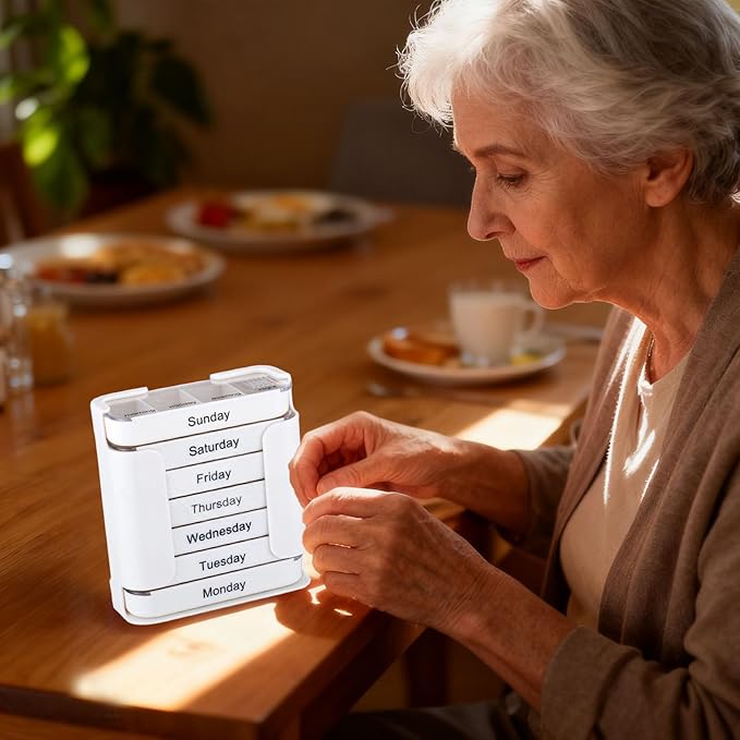 7-Day Weekly Medication Organizer - Stay on Track Medication Organizer with 7 Stackable Compartments, Four Times-a-Day (Morning, Noon, Evening, Bedtime) for Organized Pill Taking (White)