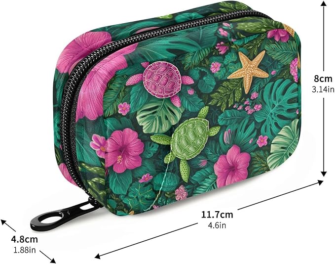 Turtles Starfish and Monstera Leaves Travel Pill Organizer Case Box Container Weekly Portable Vitamin Medicine Holder Storage Bag with Zipper Removable