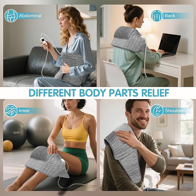 Heating Pad Back Pain Relief Electric Heating Pad for Period Cramps Lower Back Neck Shoulders Pain Relief 6-Hour Auto Off 12x24 Heated Pad + 20" Belt 4 Timer 6 Heat Level Wrap (Gray)