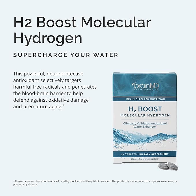 BRAINMD H2 Boost Molecular Hydrogen - 30 Tablets - Antioxidant Water Enhancer - Vegan, Gluten Free - 30 Servings