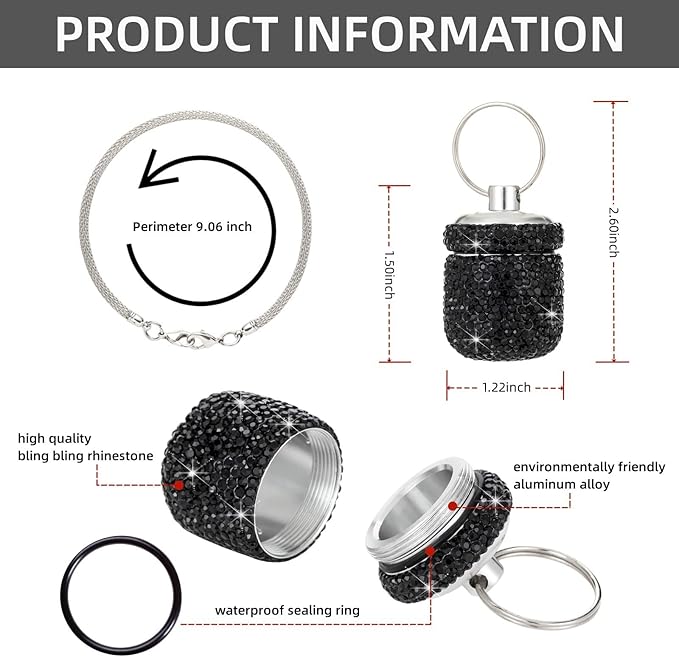 Bling Pill Organizer Travel Small Pill Case Keychain Waterproof Pill Box for Purse Portable Medicine Bottle Holder with Key Chain for Vitamin Supplement(Black)