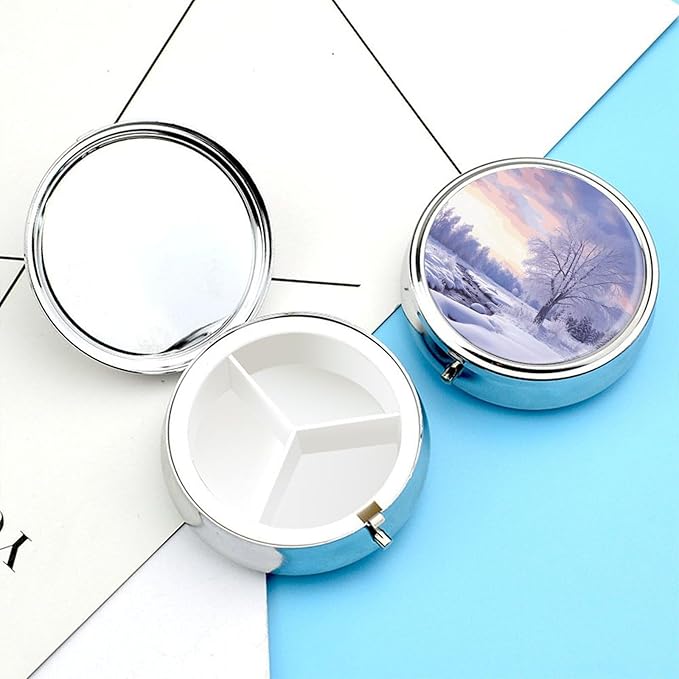 Winter Landscape Pill Box Travel Pill Case for Purse Pocket Weekly Medicine Organizer with Mirror 3 Compartment Round Medicine Case Portable PillcaseHolder for Daily