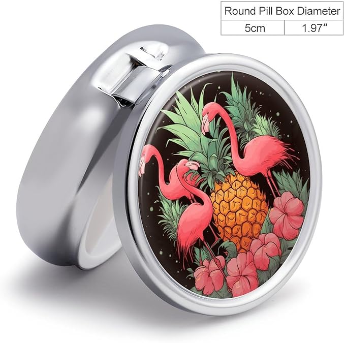 Pineapple Flamingos Pill Box Travel Pill Case for Purse Pocket Weekly Medicine Organizer with Mirror 3 Compartment Round Medicine Case Portable PillcaseHolder for Daily