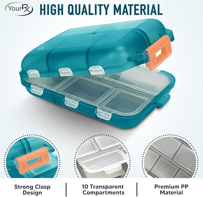 Travel Pill Box – Travel Pill Organizer – Compact Portable Pill Case with 10 Compartments – Pill Case for Purse, Pocket – Durable Daily Pill Organizer for Vitamins, Supplements (Peacock)