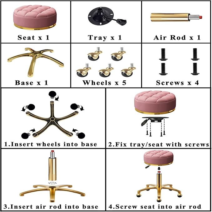 Rolling Stool Gold Vanity Stool with Wheels, Pedicure Massage Roller Stools, PU Leather Round Swivel Salon Spa Chair, Titanium Gold Base, Height Adjustable 43-55 cm (Pink)