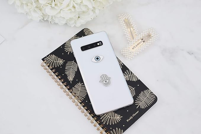 Metal Charm Stickers for Cell Phone Cases. Evil Eye and Hamsa Set of 2 Reusable & Removable Leaves No Residue. Universal Spiritual Symbols of Protection and Good Luck. (Evil Eye and Hamsa Hand.)