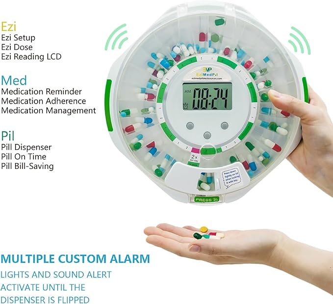 EziMedPil Automatic Pill Dispenser w/Visual &Audio Alerts, up to 6 Alarms/Day, 9 Dosage Templates, Easy-Read LCD Display, Lock Medication Dispenser w/Key for Vitamins, Prescriptions & More, Clear Lid