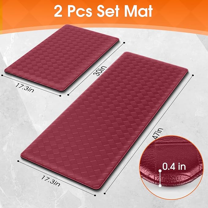 Kitchen Mats, 2PCS Kitchen Rugs, Cushioned Anti Fatigue Kitchen Mats for Floor, Non-Slip Standing Desk Mat, Waterproof Kitchen Rug Set for Kitchen, Floor, Office,17.3"×30"+17.3"×47",Red