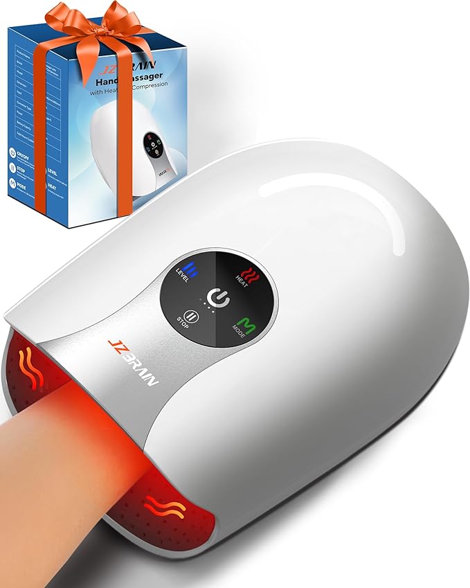 Hand Massager with Heat and Compression : Cordless Heated Hand and Wrist Massager for Palm, Fingers, and Comfort Relief – 4 Modes 6 Intensities, Portable Rechargeable, Wife Husband (White)