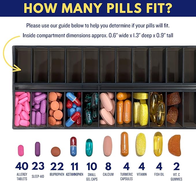AM/PM 31 Day Once-a Day Monthly Pill Planner Organizers - Large Compartment Pill Boxes Store Medications for Entire Month Plus Compartment for Extra Pills (AM/PM Black & Clear)