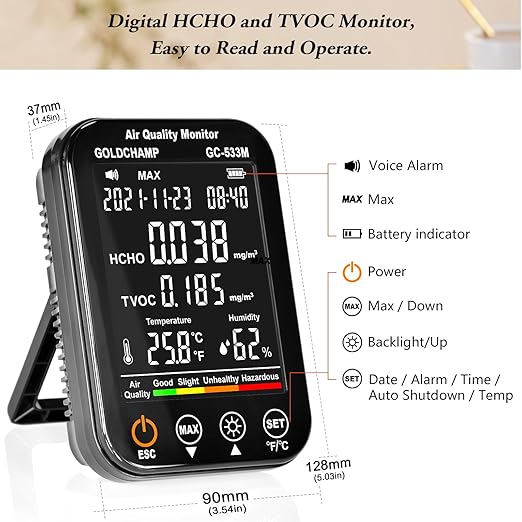 Air Quality Monitor Indoor, 4-in-1 Accurate Air Quality Detector with HCHO | TVOC | Temperature (℃/℉) | Humidity Sensor Air Analyzer with Digital LCD Screen, Sound Alarm for Home, Cars, Plants