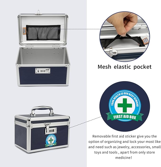 Combination Locking Medication Box with Portable Storage Case, 10.2 x 6.8 x 6.8 Inch, Childproof Medicine Lock Organizer, Lockable Box for Documents & Valuables (Blue/Small)