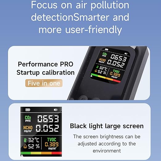 5 in 1 Air Quality Detector, CO2 TVOC HCHO Temp Humid Monitor Rechargeable Battery Voice Alert for Home Office Travel