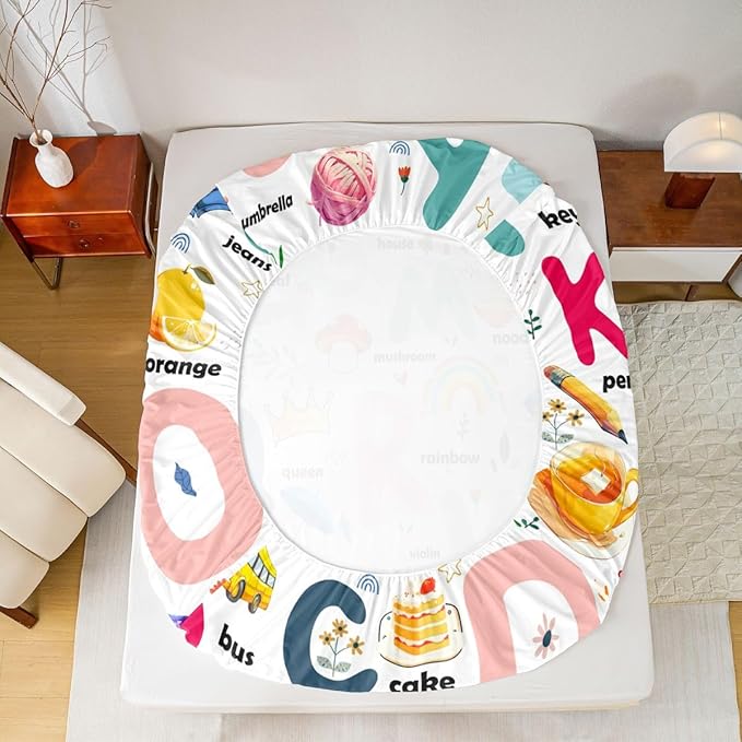 Cartoon Alphabet Bed Sheet Set Queen, ABC Alphabet Fitted Sheet for Kids Cute Educational Alphabet Bedding Set Learning Educational Bed Cover with 2 Pillow Case (No Flat Sheet)