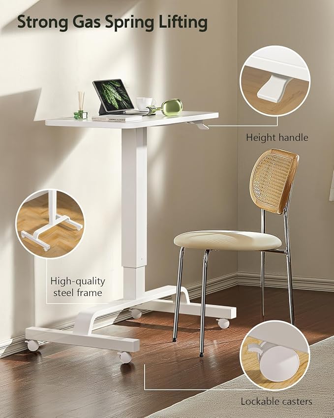 Height Adjustable Mobile Standing Desk with 360° Swivel Casters, 29"-45" Pneumatic Rolling Desk on Wheels, Perfect for Home Office, Bedroom, Living Room, White