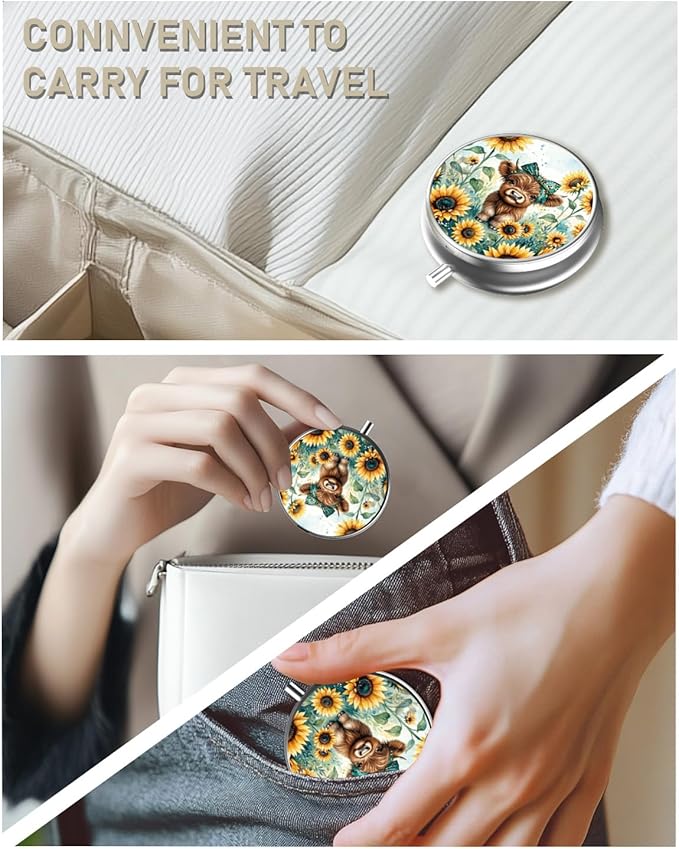 Pill Box, 3 Compartment Portable Travel Medicine Box with Mirror, Compact and Cute, Fits in Purse and Pocket, Medicine and Vitamin Organizer (Calf and Sunflower)