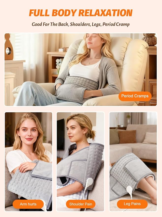 Extended Electric Heating Pad Belt Wrap for Period Cramps Abdomen Waist Lower Back Neck Shoulders Leg Arms Pain Relax with 3 Meters Power Cord Timer Temperature Settings Auto Shut Off Mom Dad Gift