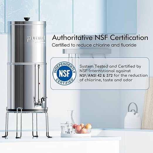Purewell 3-Stage 0.01μm Ultra-Filtration Gravity Water Filter System, 304 Stainless Steel Countertop System with 2 Filters, Metal Water Level Spigot and Stand, Reduce 99% Chlorine, 2.25G, PW-OB-K