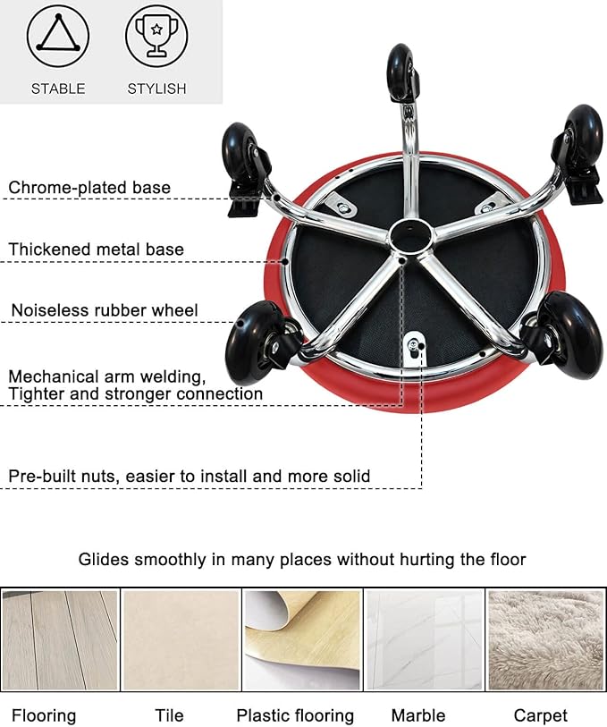 Rolling Stool with Backrest 450 Lbs High Weight Capacity PU Leather Roller Seat and Heavy-Duty Crystal Universal Wheels for Men Women Furniture Gift, Home Office Red