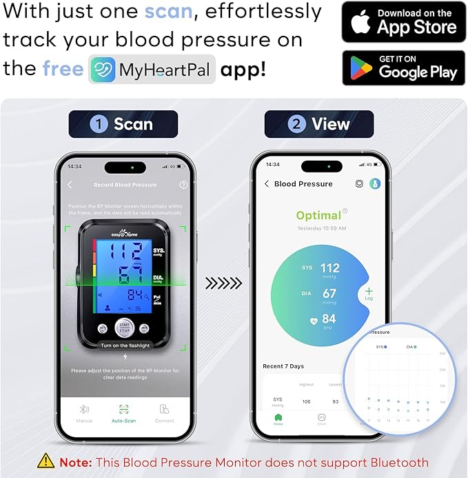 Easy@Home Blood Pressure Monitor: Accurate Cuff Automatic Blood Pressure Monitor with Free App MyHeartPal - 3 Color Backlit Display 8.7”-16.5” Large Cuff, Not Bluetooth EBP-095 Black