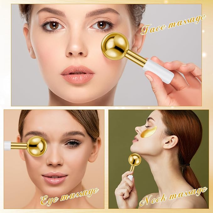 Baderke 2 Pcs Ice Globes for Face Stainless Steel Cooling Globes Unbreakable Cooling Roller Women Ice Balls Cryo Sticks Facials Skin Care for Dark Circles, Puffiness(Gold (White Handle))
