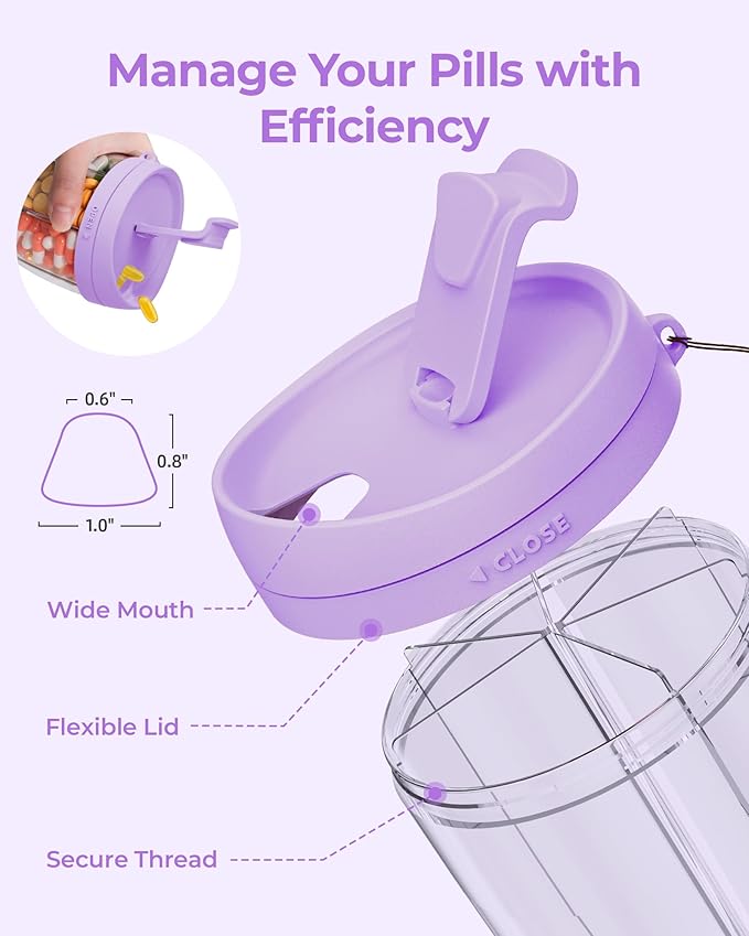 Large Pill Dispenser with 6 Compartments, Anti-Mix Pill Bottle Organizer with Wide Opening & Easy Retrieval, Vitamin Organizer for Travel, BPA-Free Pill Box with a Strap, Purple