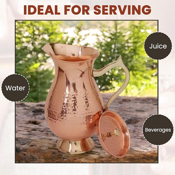 100% Pure Copper Pitcher 50.72 oz 1500 ml, Traditional Mughlai Copper Water Jug with Lid & Handle, Copper Drinking Water Pitcher for Daily Use, Ayurvedic Inspired