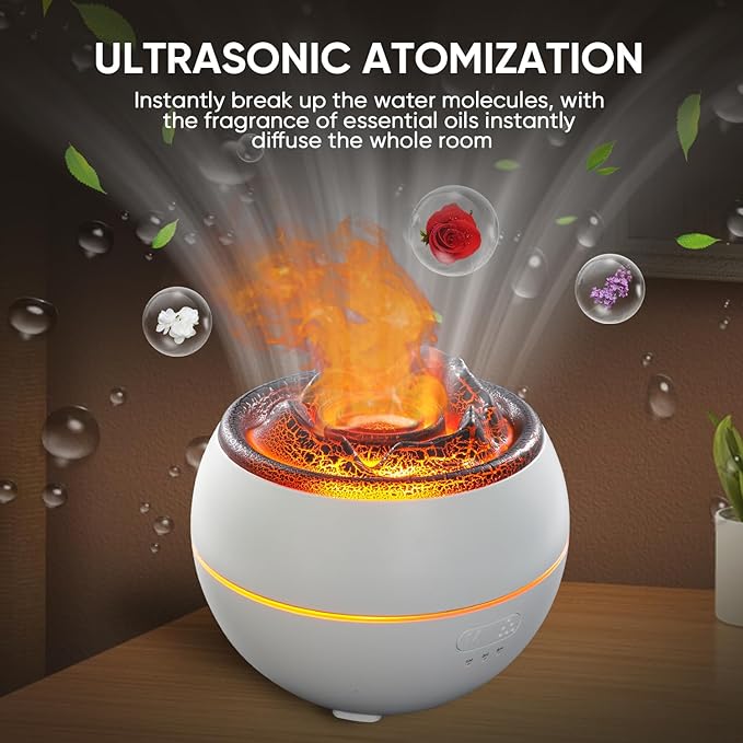 Essential Oil Diffuser, Volcano Flame Fire Oil Diffuser, 360ml Ultrasonic Cool Mist Aromatherapy Humidifier, Scent Diffuser with 7 Colors Light, Timer & Auto Shut-Off for Home, Room (White)