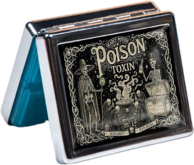 Silver Vintage Pill Box 7 Day Metal Pill Box with Mirror and 8 Compartments Cute Travel Pill Organizer for Purse (The Pharmacist's Skeleton)