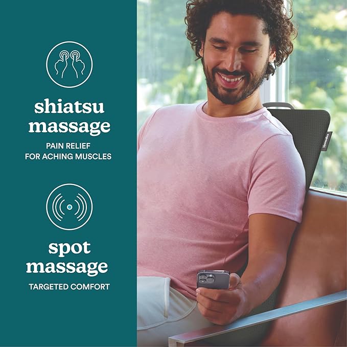HoMedics Ultra Slim Shiatsu Massage Cushion with Heat – Full Back Coverage, Deep Kneading Massage, 3 Zone Control (Upper/Lower/Full), Soothing Heat, Slim Profile, Portable Design, Fits Most Chairs