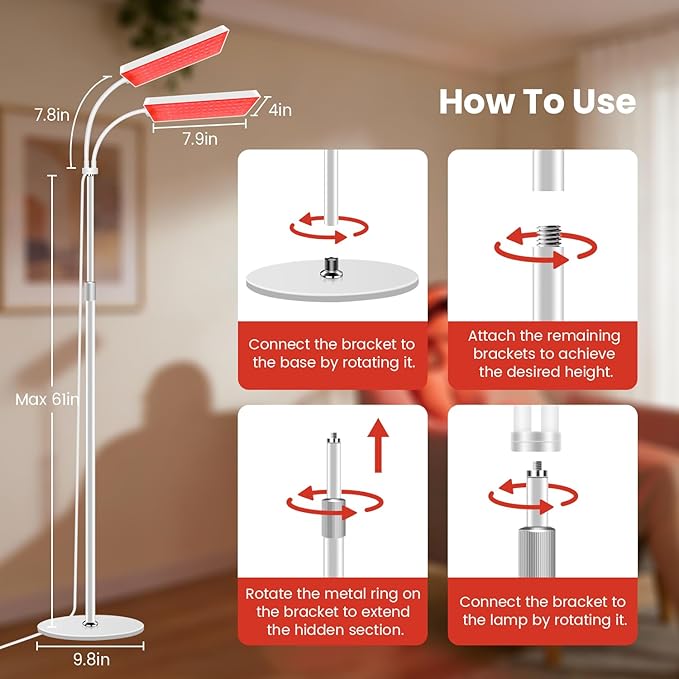 2 Head Red Light Therapy Lamp for Body and Face Use, 3 in 1 Chip with 660nm Red Light and 850nm Near Infrared Light, LED Red Light Therapy Device with 61 inch Adjustable Stand