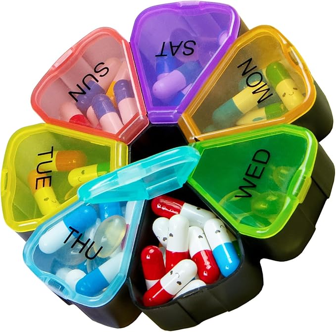 7 Day Pill Case for Medication, Vitamins, Fish Oils, Supplements, Travel Pill Box (Black)
