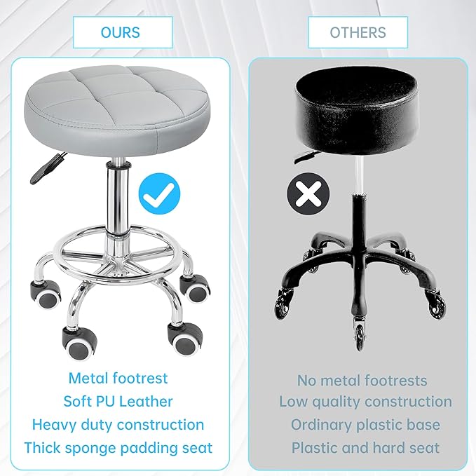 PU Leather Rolling Stool Height Adjustable Round Swivel Stools for Spa Salon Massage Work Chair with Foot Rest Grey