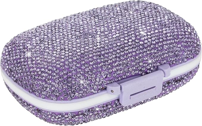Bling Travel Pill Organizer Cute Pill Box with Labels Rhinestone Pill Case for Purse Portable Daily Pill Container 7 Day Medicine Holder for Vitamin Supplement(Purple)