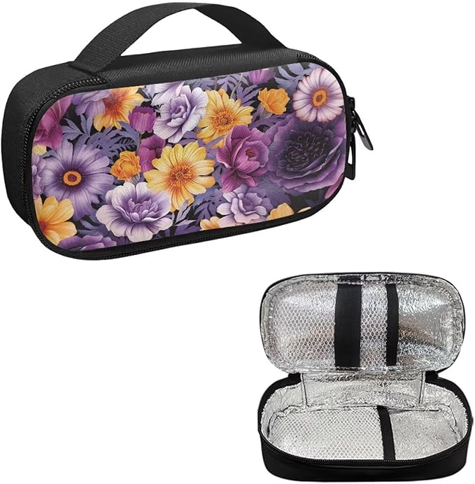 Bright Floral Insulin Cooler Diabetic Travel Case, Travel Medicine Bag with Handle, Portable Diabetic Kits Storage Bag for Glucose Meter Insulin Pens and Accessories