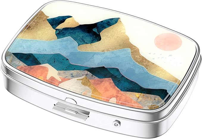 Nipichsha Pill Box, Small Pill Case for Purse & Pocket, Cute Travel Medicine Organizer, Portable Medicine Container Holder to Hold Vitamins, Medication, Fish Oil & Supplement, Watercolor Sunrise