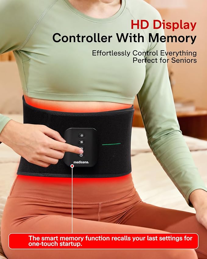 Medisana 3-in-1 Red Light Therapy Belt, Cordless & Portable Infrared Red Light Therapy for Body with Red Light/Pulse/Heat/Vibration - 660nm/850nm for Back Pain Relief (Regular)