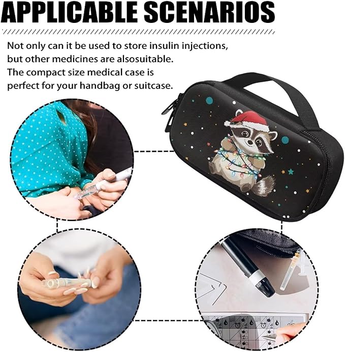Cute Christmas Raccoon Insulin Pen Cooler Travel Case Easy to Use Glucose Meter and Diabetic Supplies Storage Carrying Bag for Needles, Insulin Cartridges, Test Strips