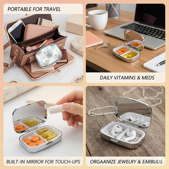 Square Pill Case Small Pill Box with Mirror Pocket 2 Compartment Vitamin Pill Medicine Case Organizer Pill Containers for Traveling