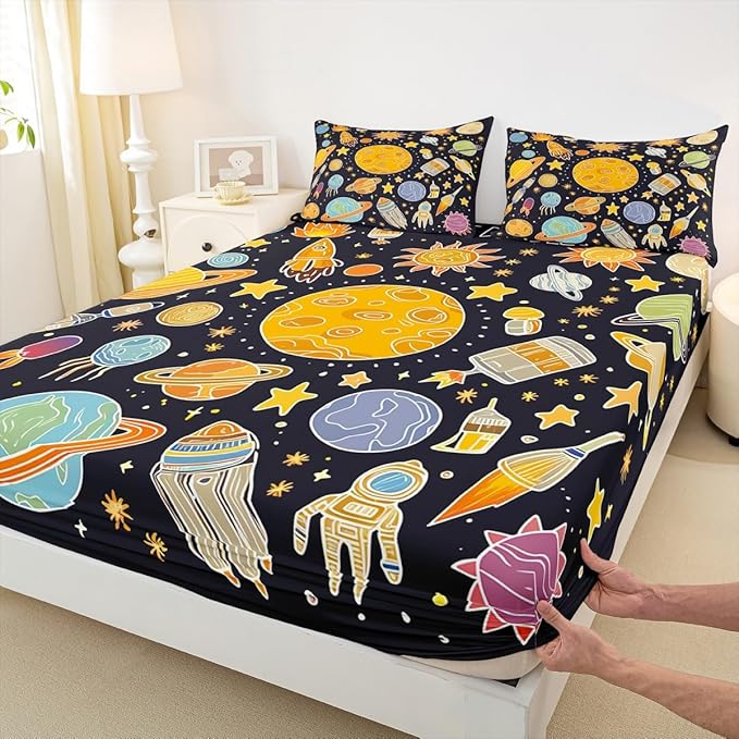 Outer Space Solar System Bed Sheet Set Full - Fitted Sheet for Kids, Planet Bedding for Boys Girls, Educational Bed Cover 3Pcs (No Flat Sheet)