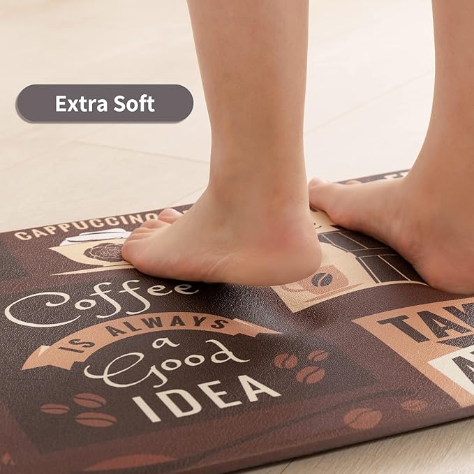 Asrug Anti Fatigue Comfort Kitchen Mats Standing Desk Mat Decorative Ergonomic Floor Pad Kitchen Rug Waterproof Stain Resistance Non Slip Kitchen Set, 17.3''x27.6''+17.3''x47.2'', Cafe Design