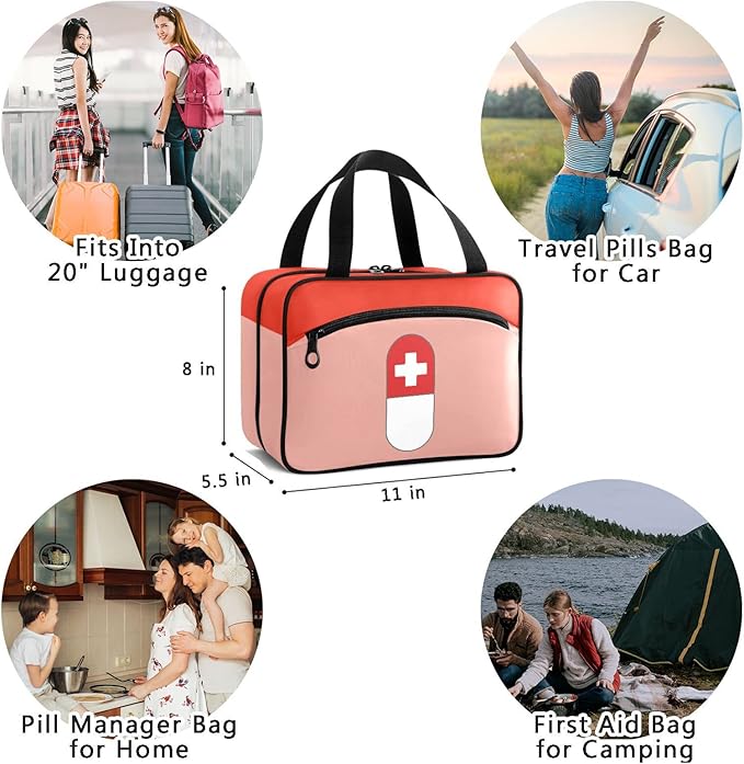 Naanle Pill Organizer Bag Travel Pill Bottle Medicine Organizer Home Storage Medication Bag for Vitamin Supplements, Pill with Cross First Aid Bag for Car Camping