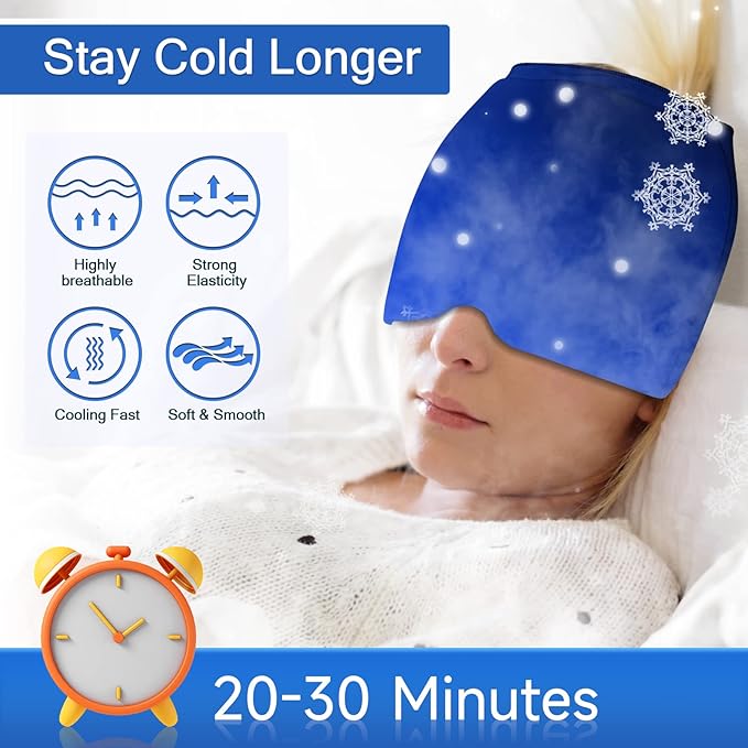 Wearable Ice Cap for Migraines, Headache Relief Hat for Tension Sinus Headache Eye Fatigue Fever Relief, One-Piece Design Fit All Head Ice Pack Cap, Hot Cold Compressed Therapy Head Migraine Hat(Blue)