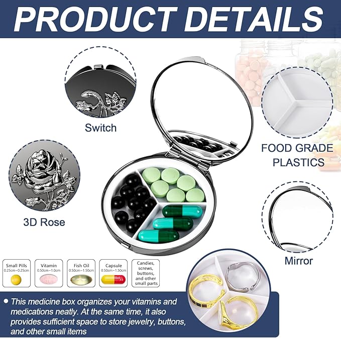 Portable Metal Pill Case with Mirro, Featuring 3 Compartments—Perfect for Travel. BPA-Free. (S-Black, Small)