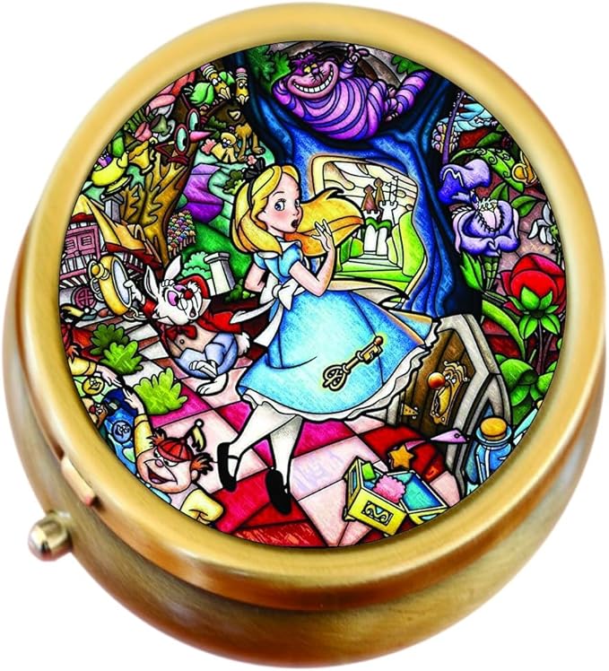 Alice in Wonderland with Cat and Mouse Brass Round Pill Box