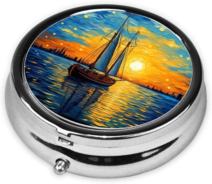 Sunset Sailboat Pill Box 3 Compartment Pill Case, Portable Medicine Pill Organizer for Pocket Purse Pill Box Decorative Metal Medicine Vitamin Organizer