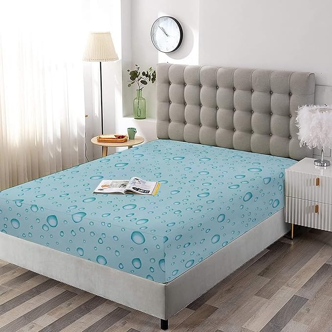 XISUNYA Decorative Bedding Sheet Set Twin Size, Aqua Deep Pockets Fitted Sheet & 2 Pillowcases Set(No Flat Sheet), Big Small Water Rain Drops Liquidity Oceanic Print Microfiber 3pc Bed Sheets Set