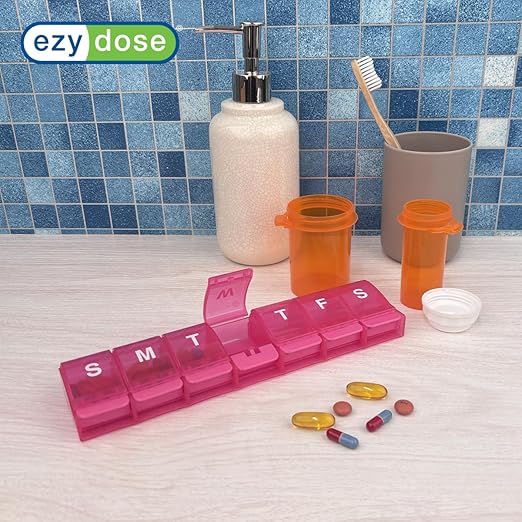 EZY DOSE Weekly (7-Day) Pill Case, Medicine Planner, Daily Vitamin Organizer Box, X-Large Push-Button Compartments, Convenient and Easy to Use, Arthritis Friendly, Transparent Lids, Pink, BPA Free
