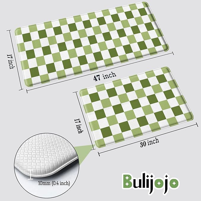 Bulijojo Green Plaid Anti Fatigue Kitchen Floor Mats Set of 2 Waterproof Kitchen Sink Runner Rug Standing Mat Cushioned Kitchen Rugs Comfort Doormat 17"x47"+17" x30“